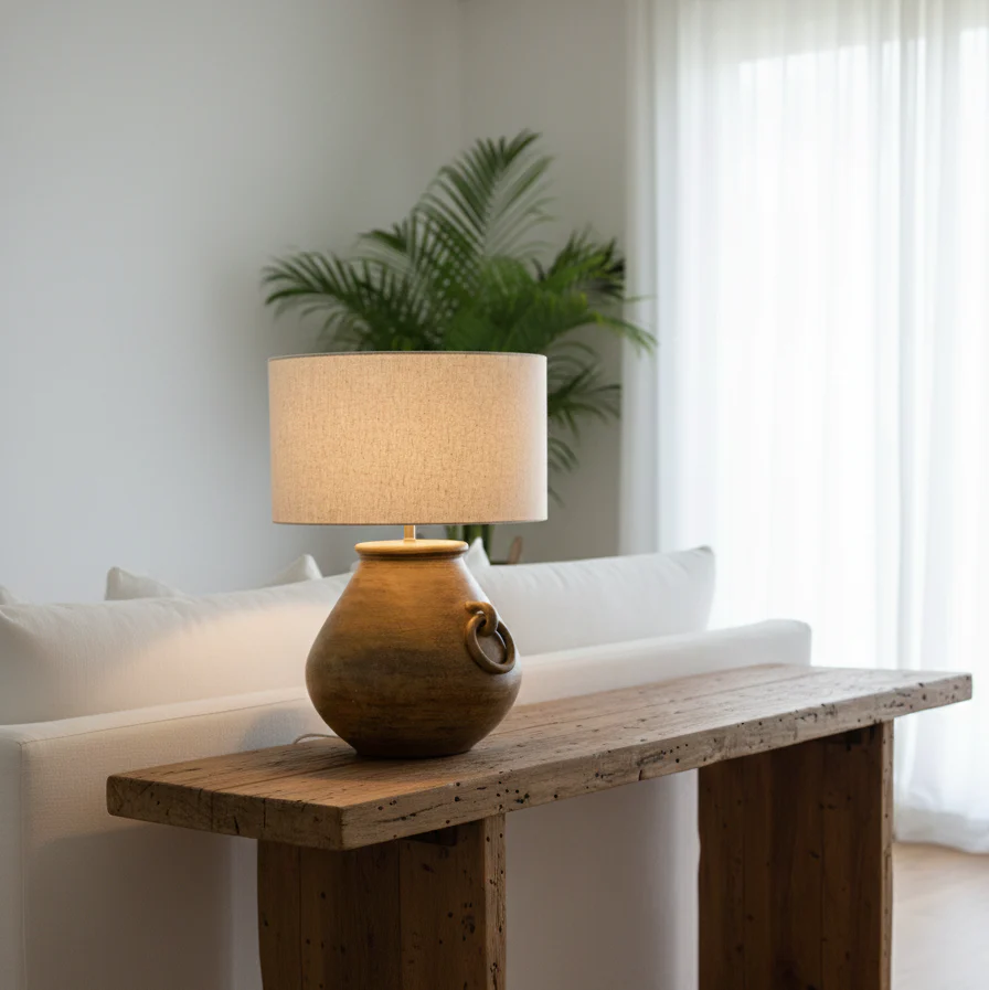 Mara Round Ribbed Terracotta Lamp with Natural Linen Shade