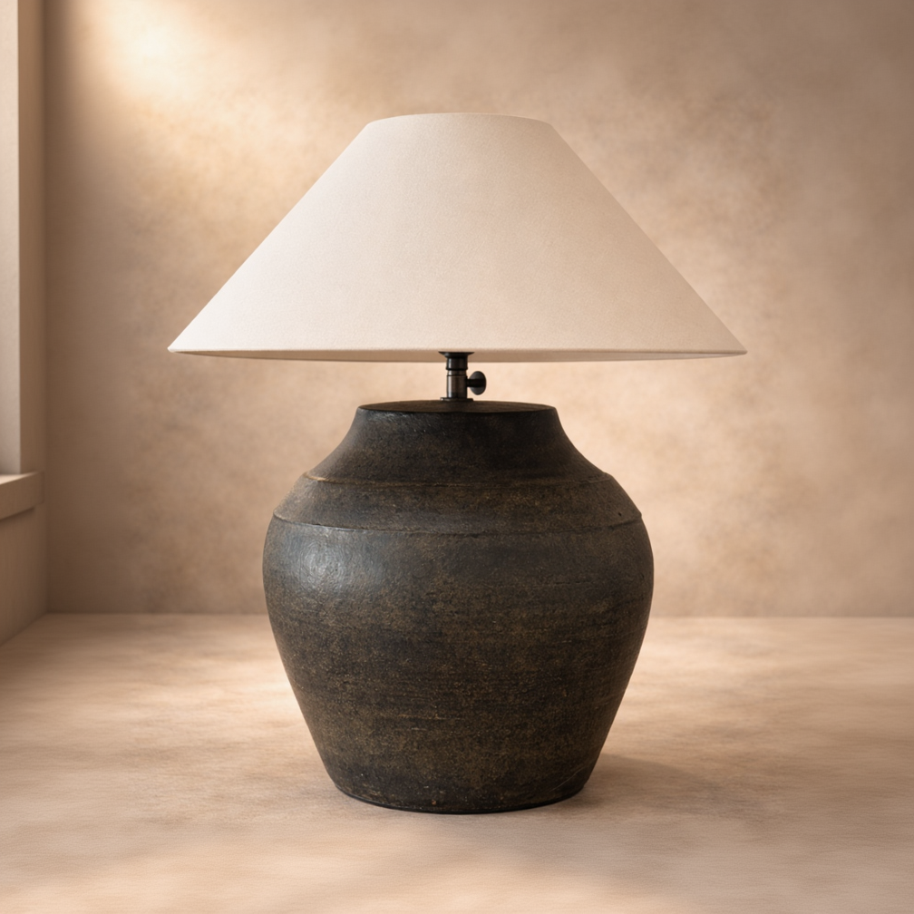 Moira Hand-Etched Terracotta Lamp with Tapered Pedestal Base