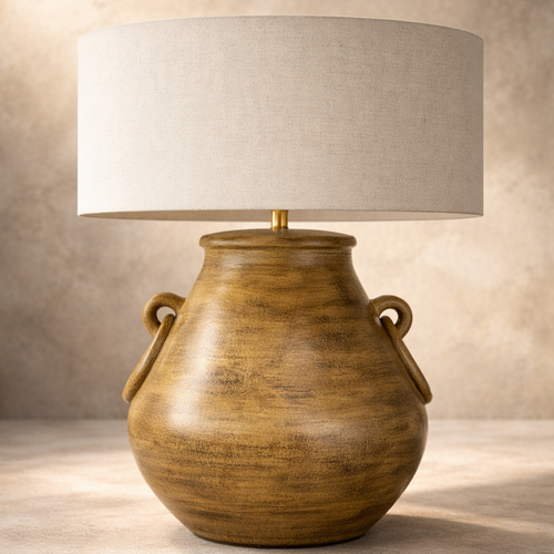 Mara Round Ribbed Terracotta Lamp with Natural Linen Shade